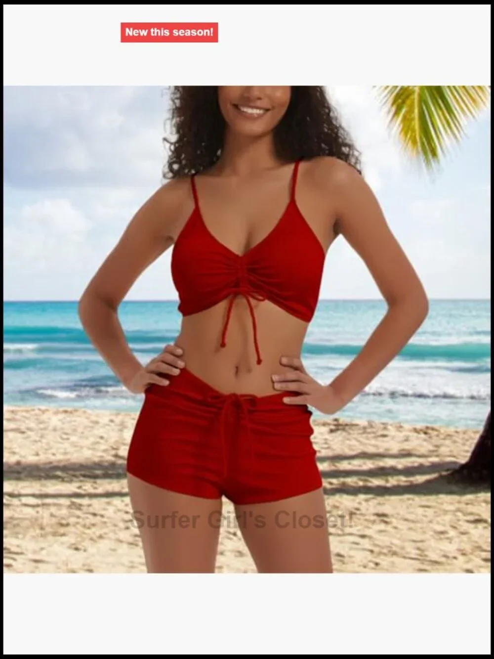 Solid High Waist Athletic Bikini Two Piece Swimwear with Drawstring Tie Front